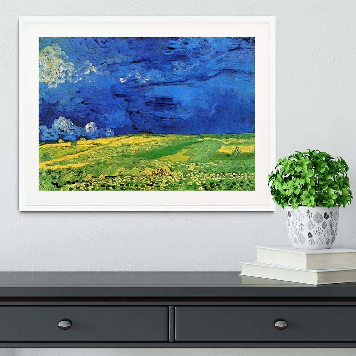 Wheat Field Under Clouded Sky by Van Gogh Framed Print - Canvas Art Rocks - 5