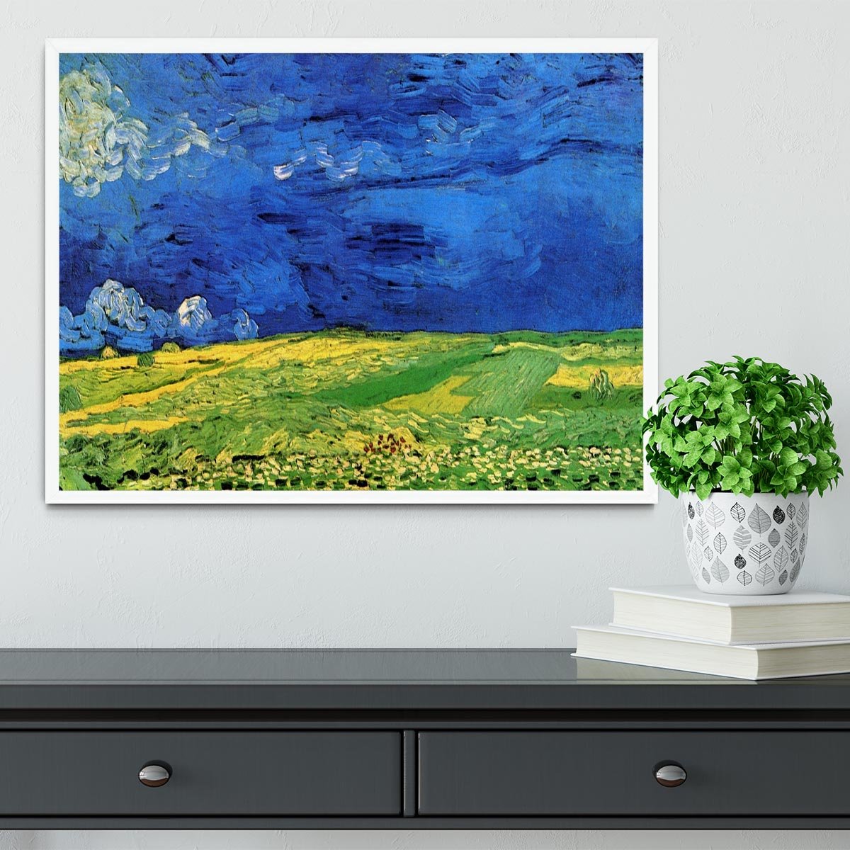 Wheat Field Under Clouded Sky by Van Gogh Framed Print - Canvas Art Rocks -6