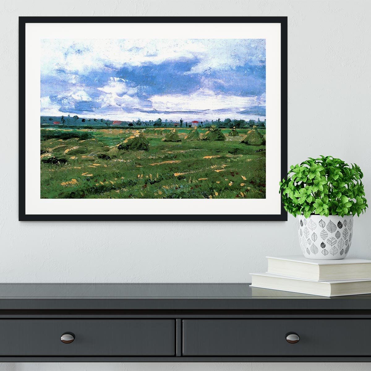 Wheat Fields with Stacks by Van Gogh Framed Print - Canvas Art Rocks - 1