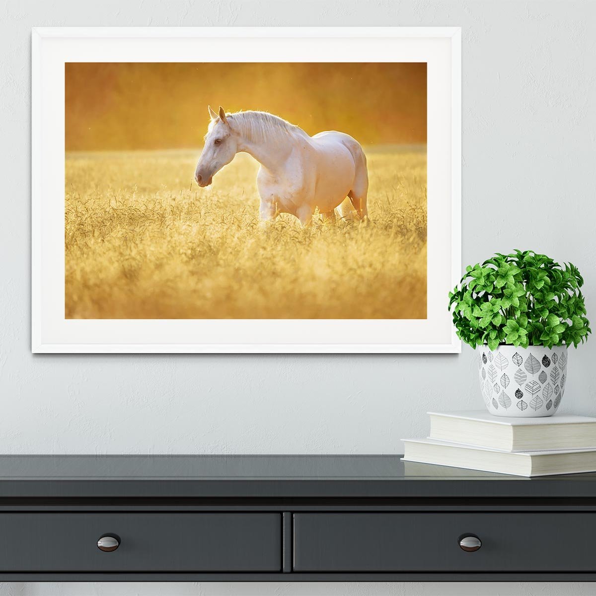 White Orlov trotter horse in rye Framed Print - Canvas Art Rocks - 5