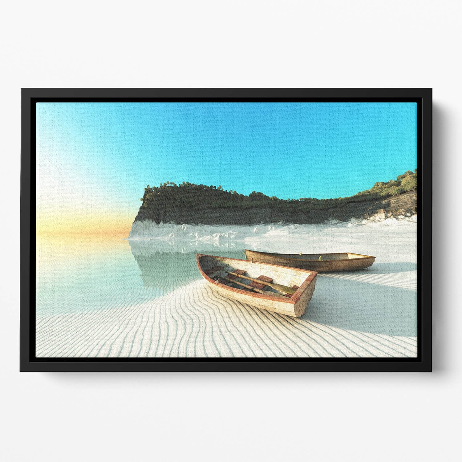 White Sand Boats Floating Framed Canvas
