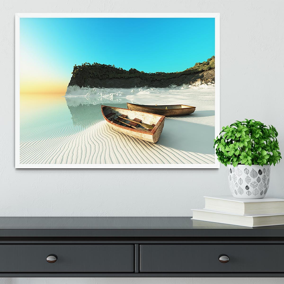 White Sand Boats Framed Print - Canvas Art Rocks -6