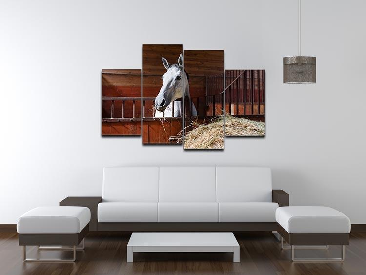 White horse eating hay in the stable 4 Split Panel Canvas - Canvas Art Rocks - 3