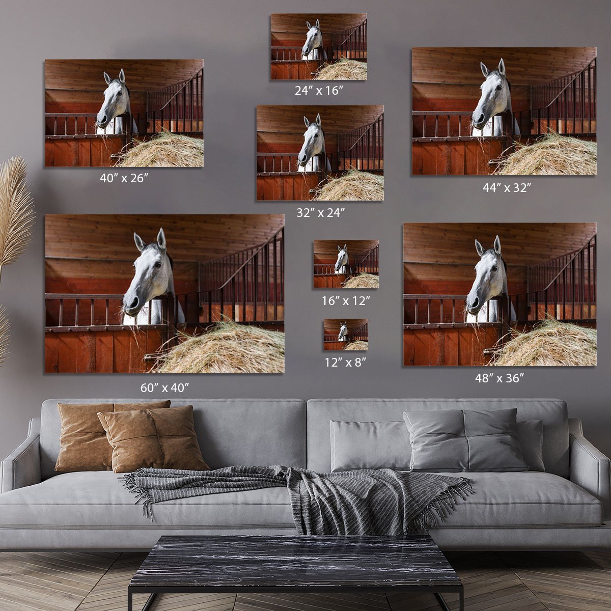 White horse eating hay in the stable Canvas Print or Poster