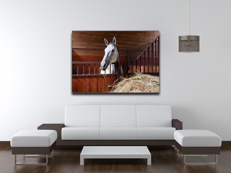 White horse eating hay in the stable Canvas Print or Poster - Canvas Art Rocks - 4