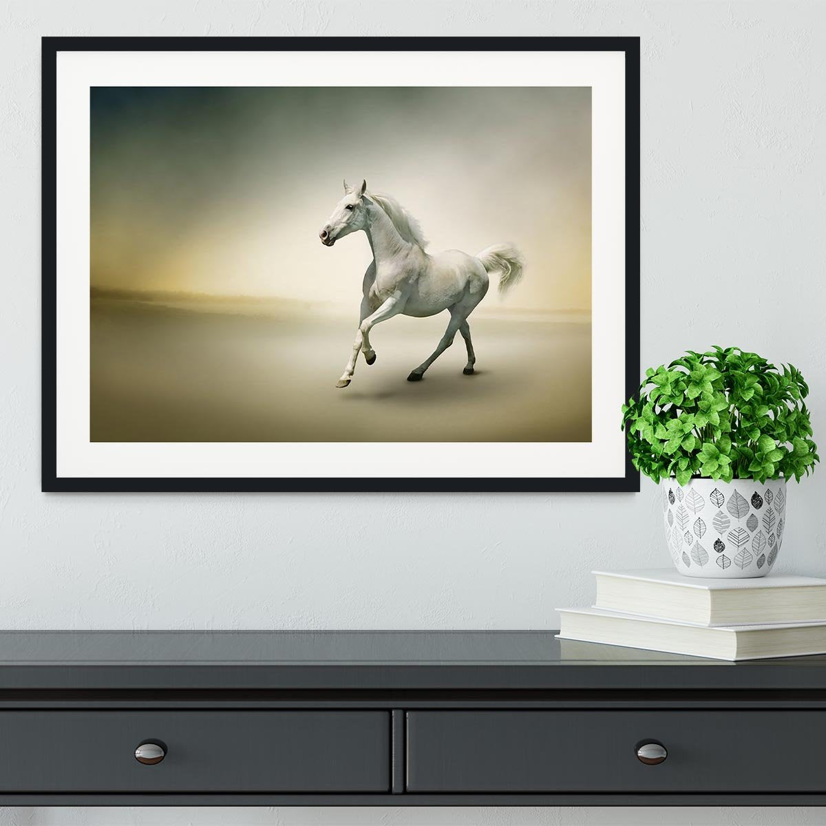 White horse in motion Framed Print - Canvas Art Rocks - 1