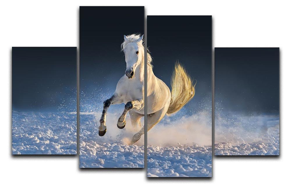 White horse run in snow at sunset 4 Split Panel Canvas - Canvas Art Rocks - 1