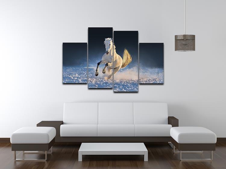 White horse run in snow at sunset 4 Split Panel Canvas - Canvas Art Rocks - 3