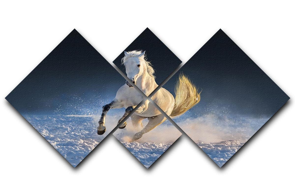 White horse run in snow at sunset 4 Square Multi Panel Canvas - Canvas Art Rocks - 1