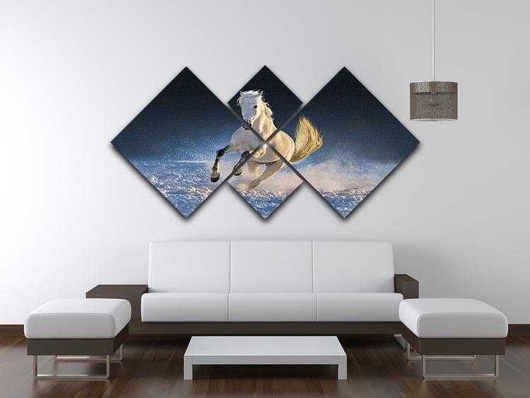 White horse run in snow at sunset 4 Square Multi Panel Canvas - Canvas Art Rocks - 3
