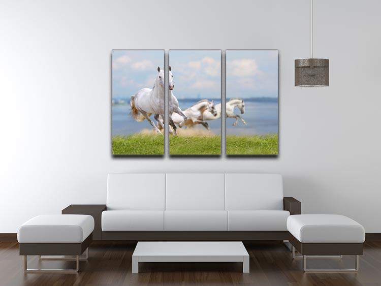 White horses running near water 3 Split Panel Canvas Print - Canvas Art Rocks - 3
