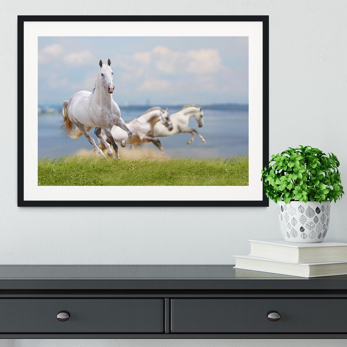 White horses running near water Framed Print - Canvas Art Rocks - 1