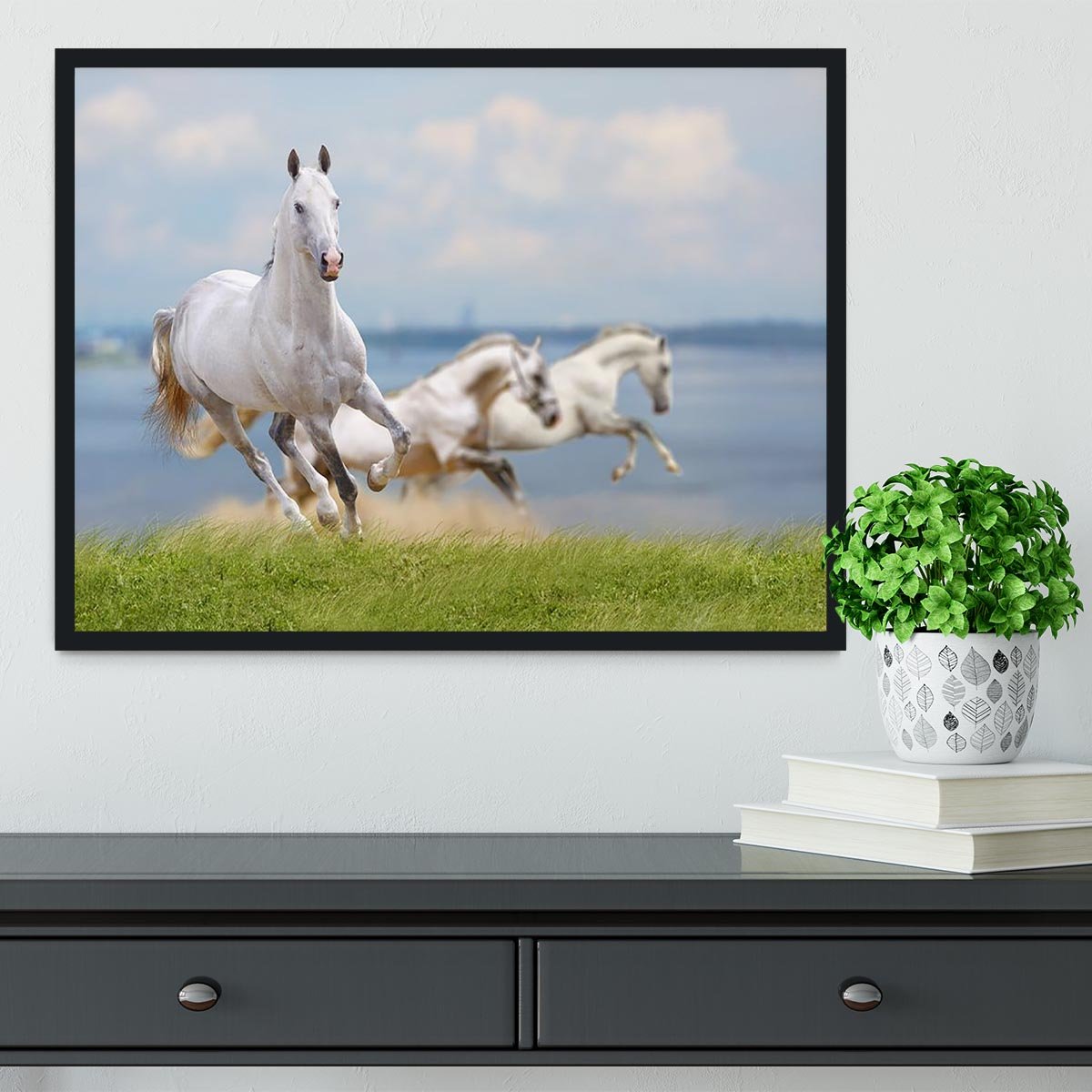 White horses running near water Framed Print - Canvas Art Rocks - 2