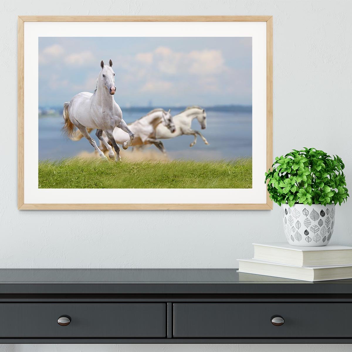 White horses running near water Framed Print - Canvas Art Rocks - 3