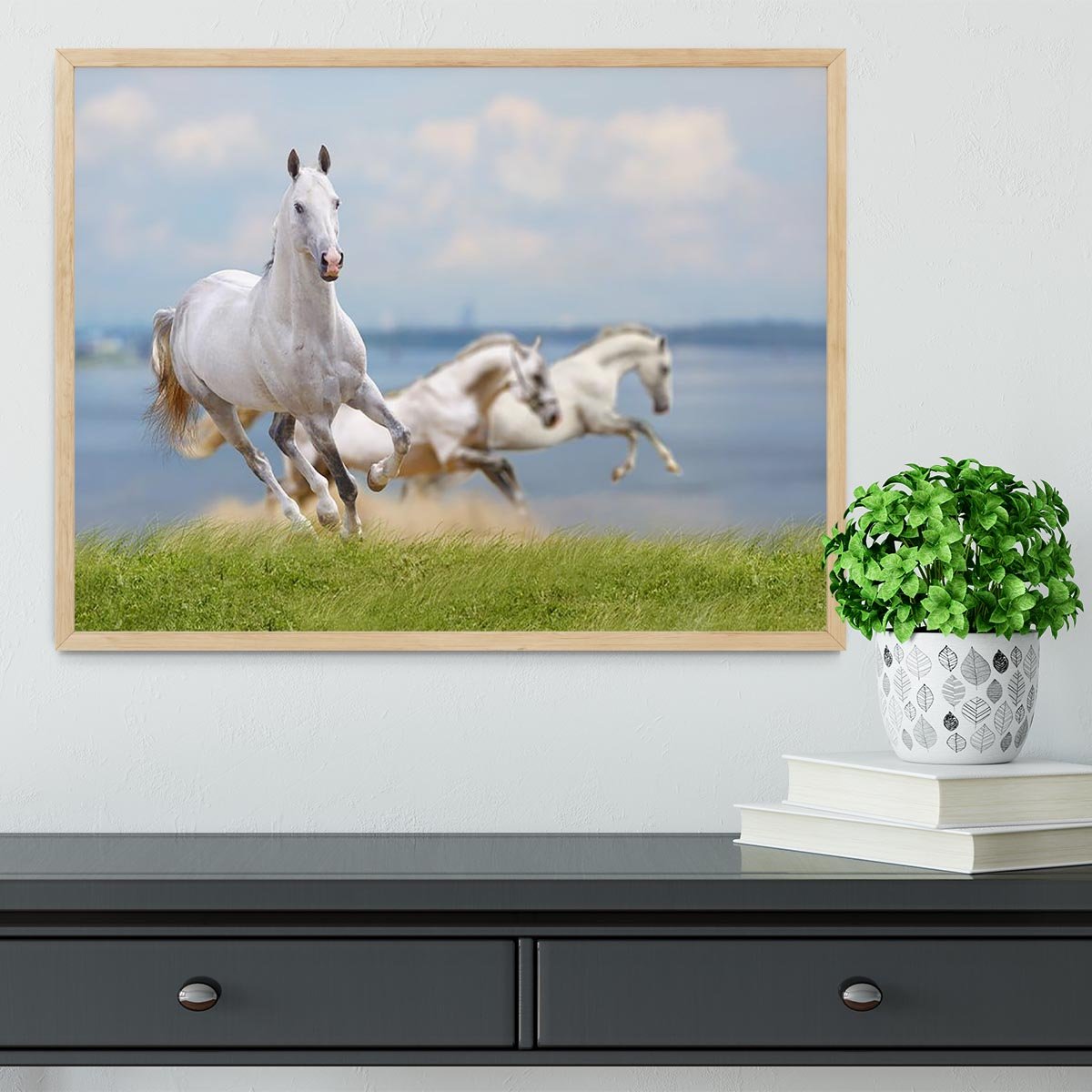 White horses running near water Framed Print - Canvas Art Rocks - 4