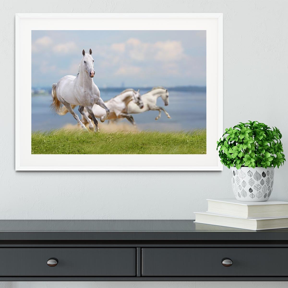 White horses running near water Framed Print - Canvas Art Rocks - 5