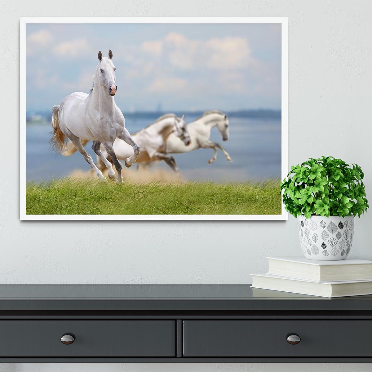 White horses running near water Framed Print - Canvas Art Rocks -6