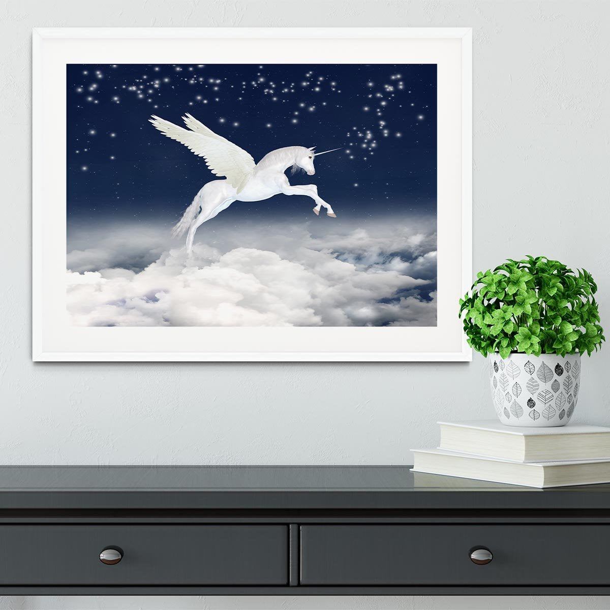 White unicorn flying in the sky Framed Print - Canvas Art Rocks - 5