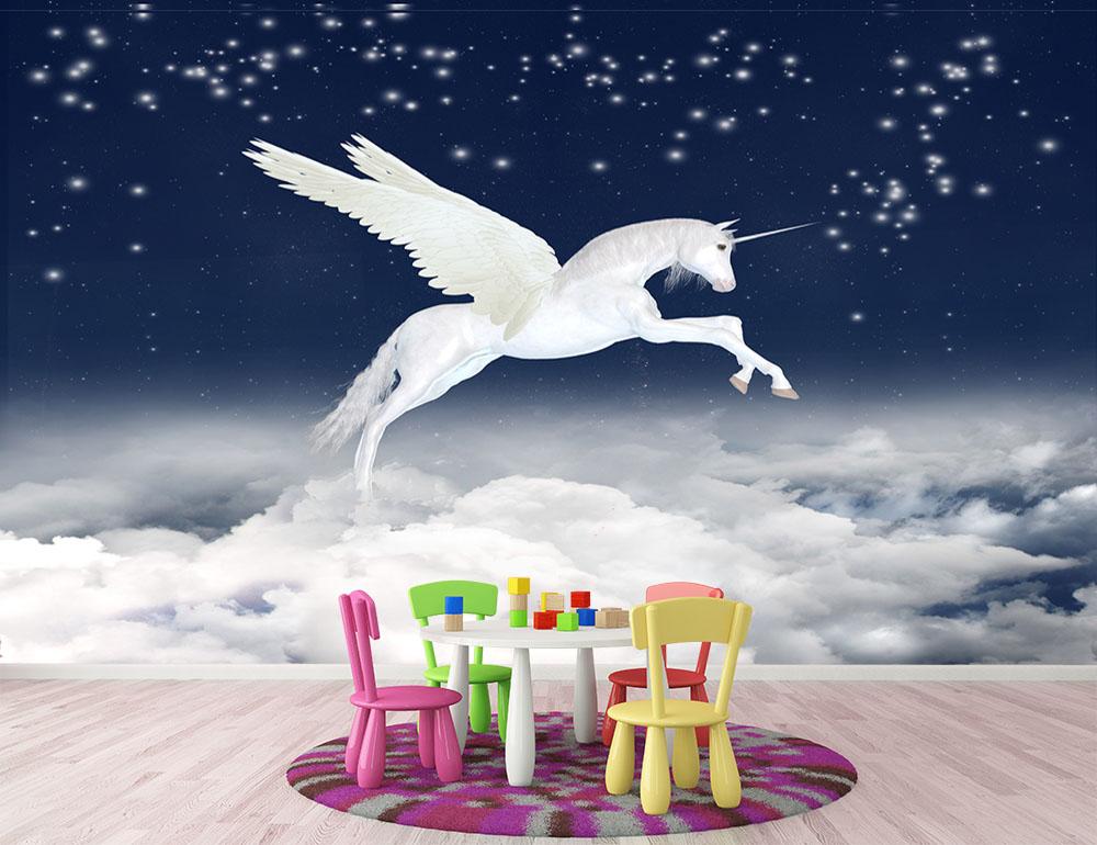 White unicorn flying in the sky Wall Mural Wallpaper - Canvas Art Rocks - 2