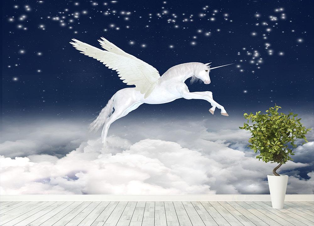 White unicorn flying in the sky Wall Mural Wallpaper - Canvas Art Rocks - 4