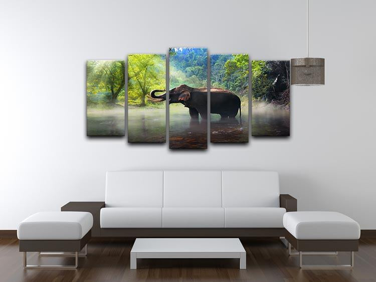 Wild elephant in the beautiful forest 5 Split Panel Canvas - Canvas Art Rocks - 3