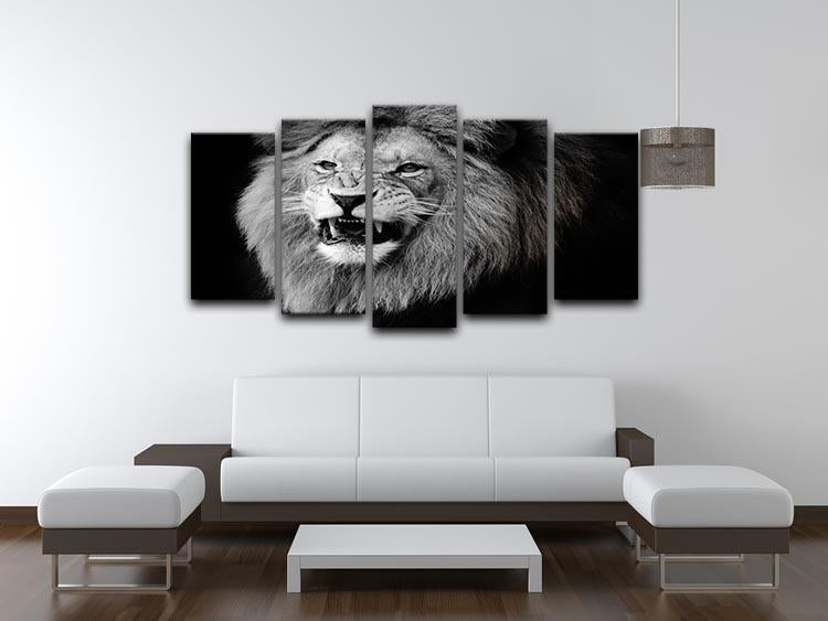 Wild lion portrait in black and white. 5 Split Panel Canvas - Canvas Art Rocks - 3