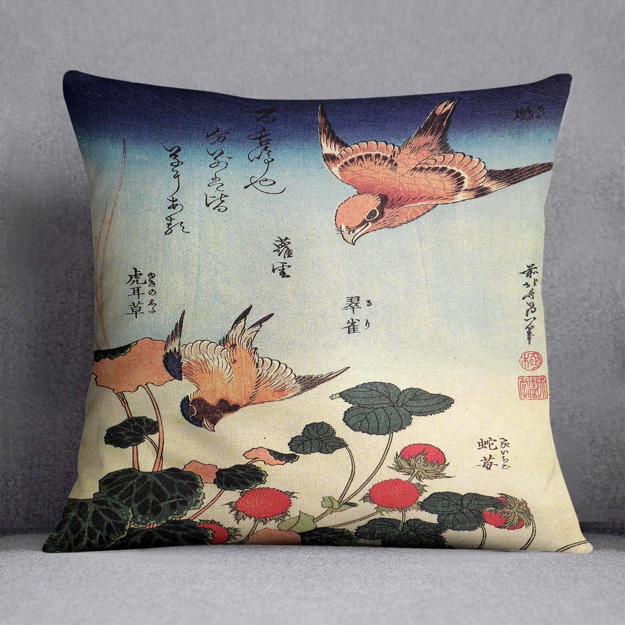 Wild strawberries and birds by Hokusai Throw Pillow