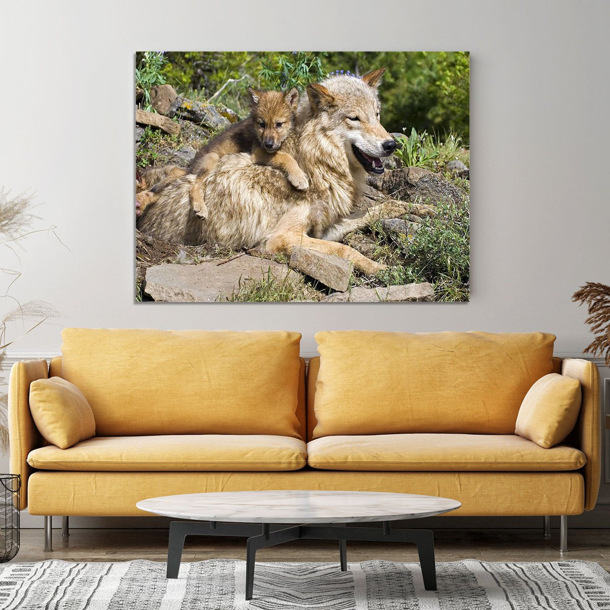 Wolf cubs and mother at den site Canvas Print or Poster
