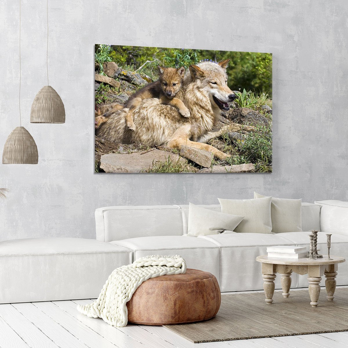 Wolf cubs and mother at den site Canvas Print or Poster
