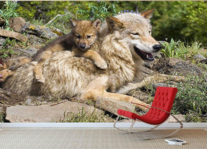 Wolf cubs and mother at den site Wall Mural Wallpaper - Canvas Art Rocks - 2