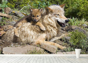 Wolf cubs and mother at den site Wall Mural Wallpaper - Canvas Art Rocks - 4