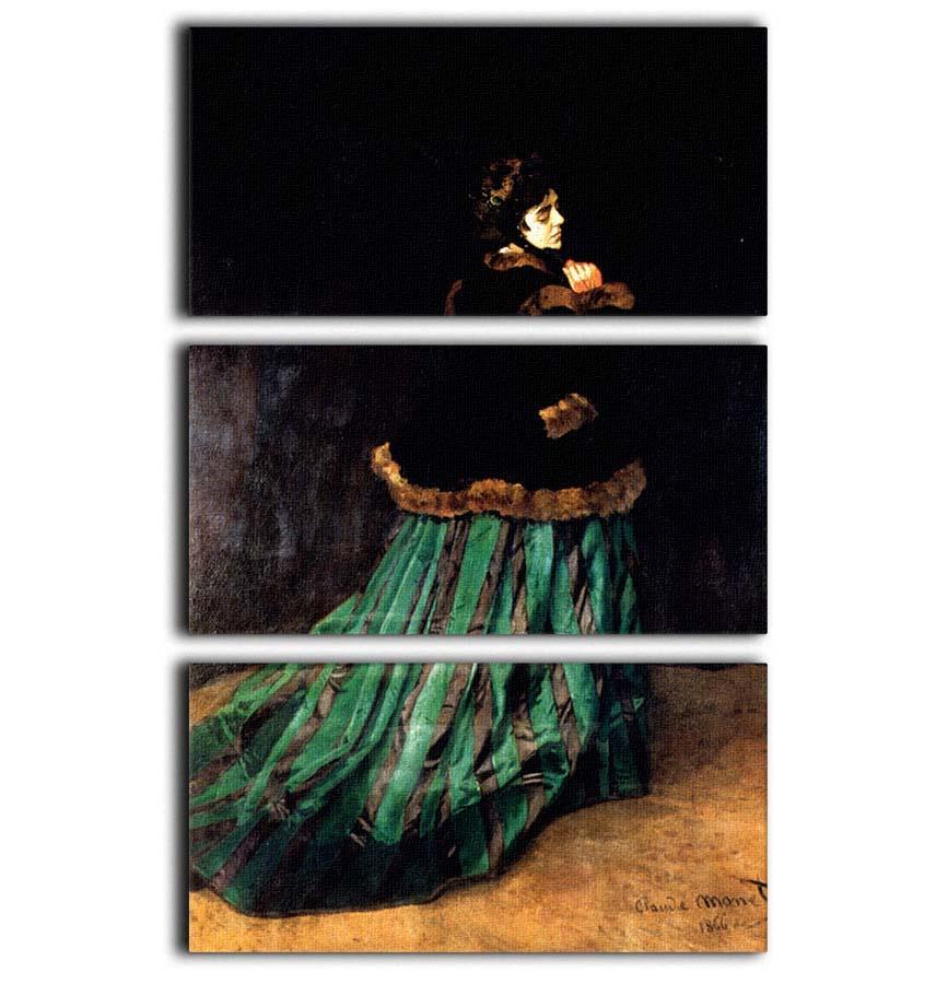 Woman In A Green Dress by Monet 3 Split Panel Canvas Print - Canvas Art Rocks - 1