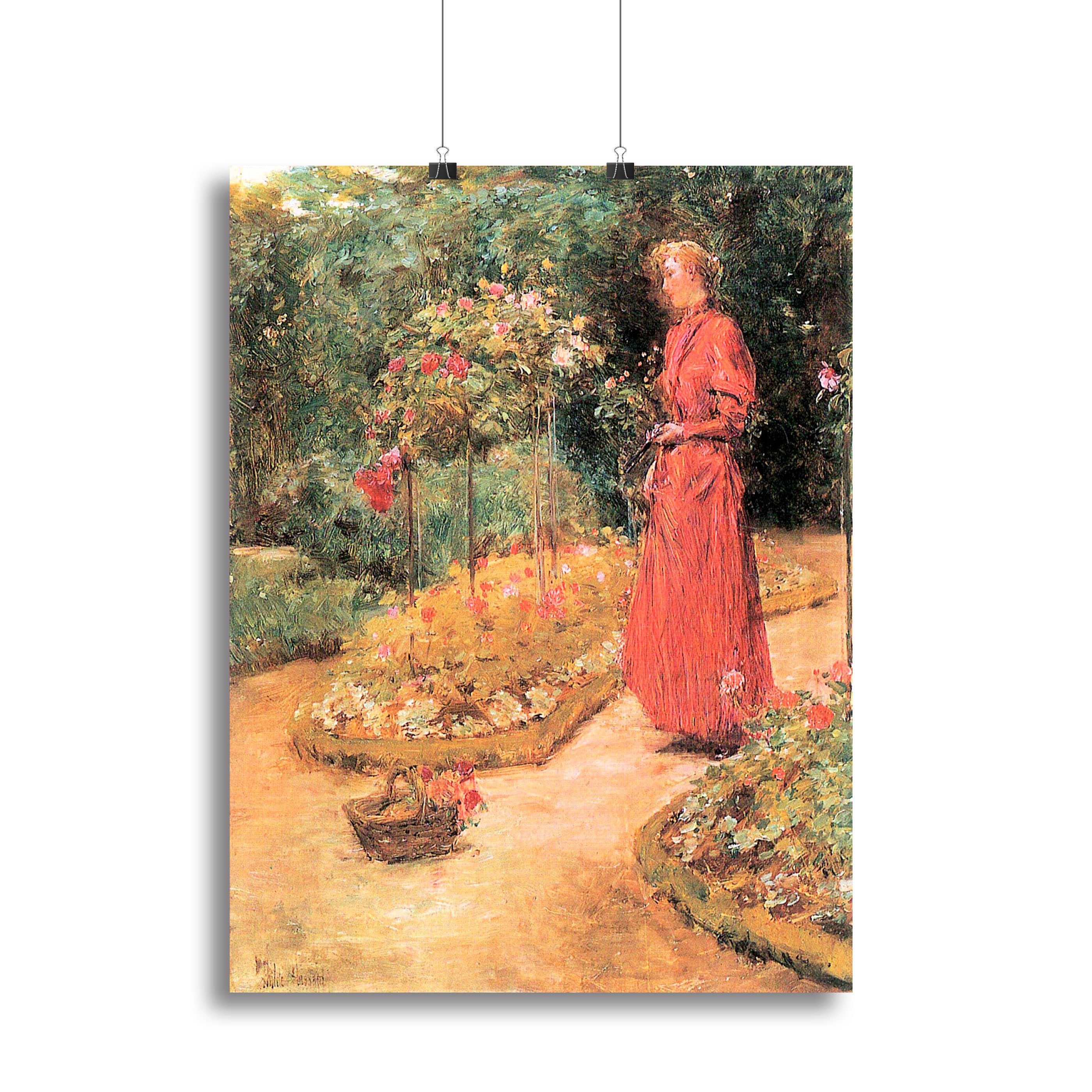 Woman cuts roses in a garden by Hassam Canvas Print or Poster