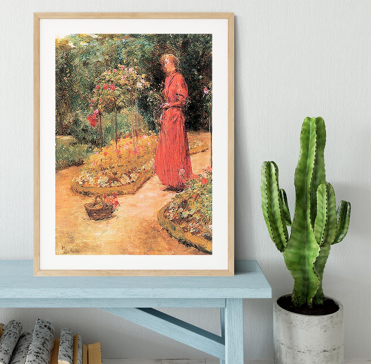 Woman cuts roses in a garden by Hassam Framed Print - Canvas Art Rocks - 3