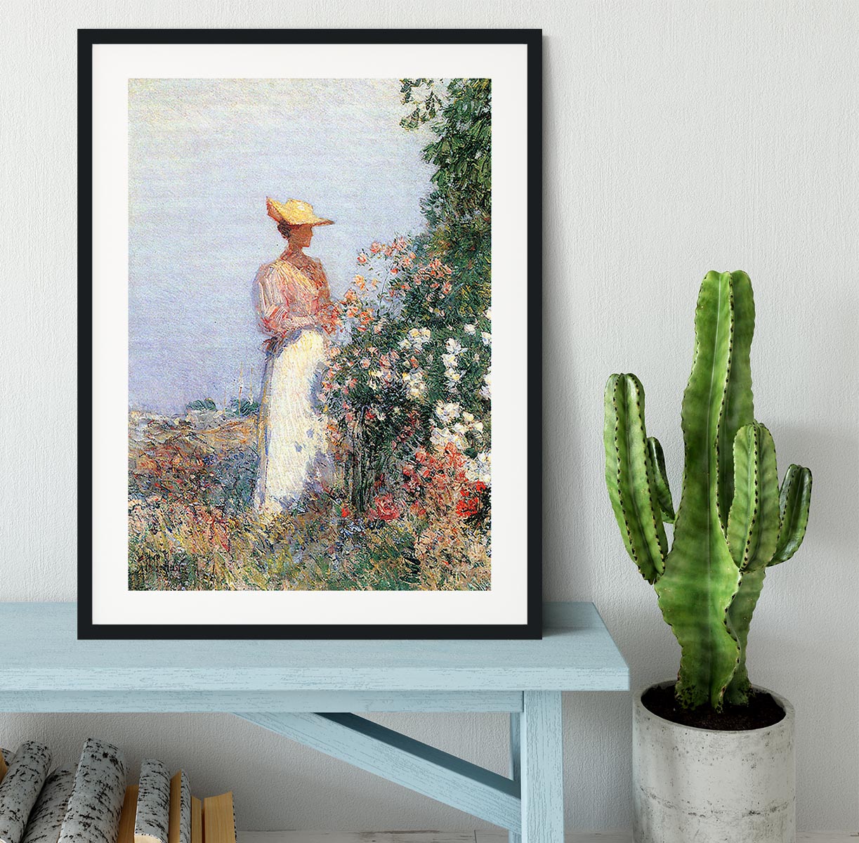 Woman in Garden by Hassam Framed Print - Canvas Art Rocks - 1