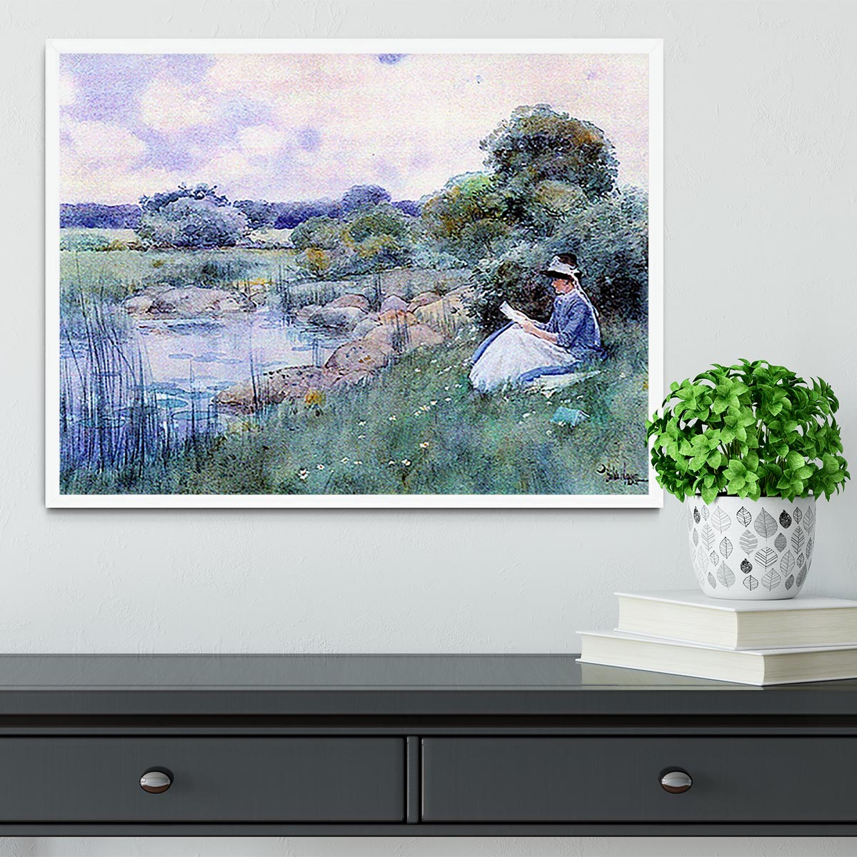 Woman reading by Hassam Framed Print - Canvas Art Rocks -6