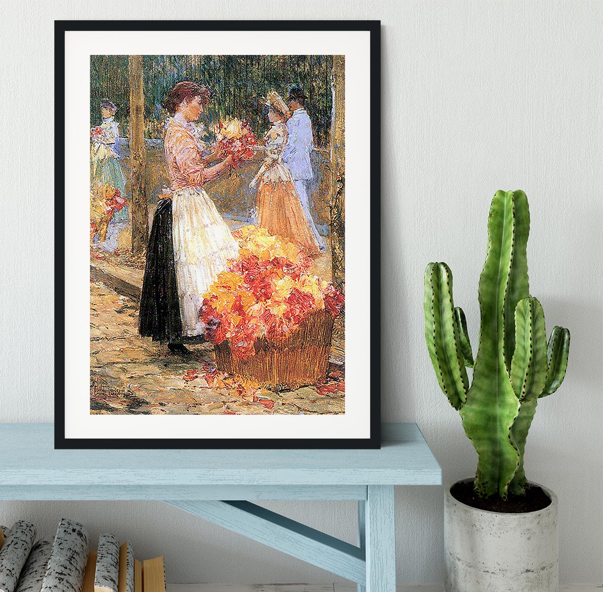 Woman sells flowers by Hassam Framed Print - Canvas Art Rocks - 1