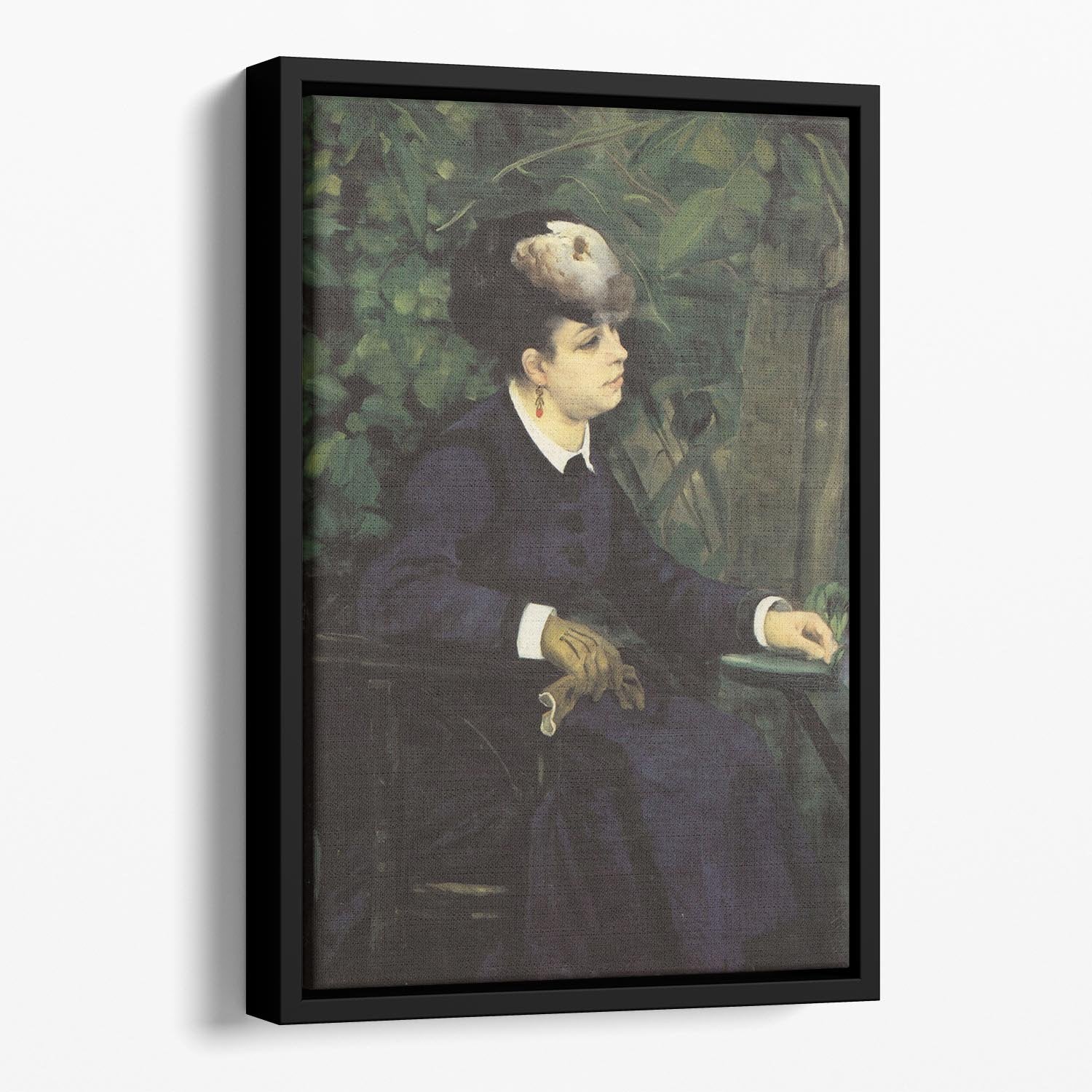 Woman with gull feather Woman in the garden by Renoir Floating Framed Canvas