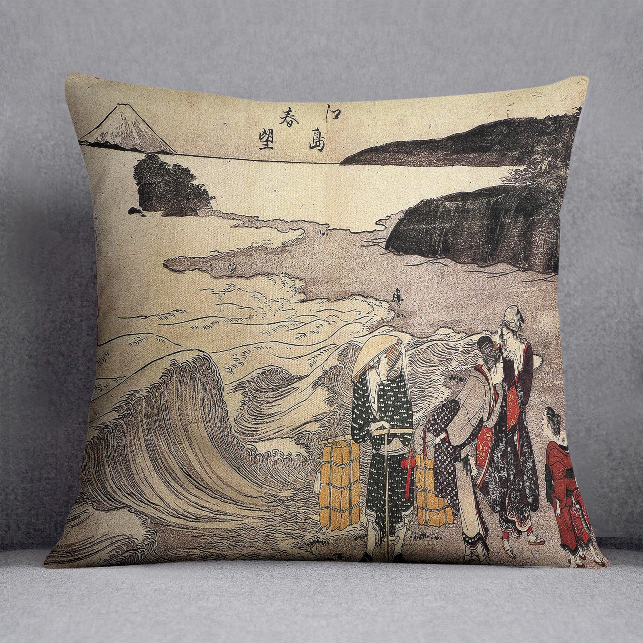 Women on the beach of Enoshima by Hokusai Throw Pillow