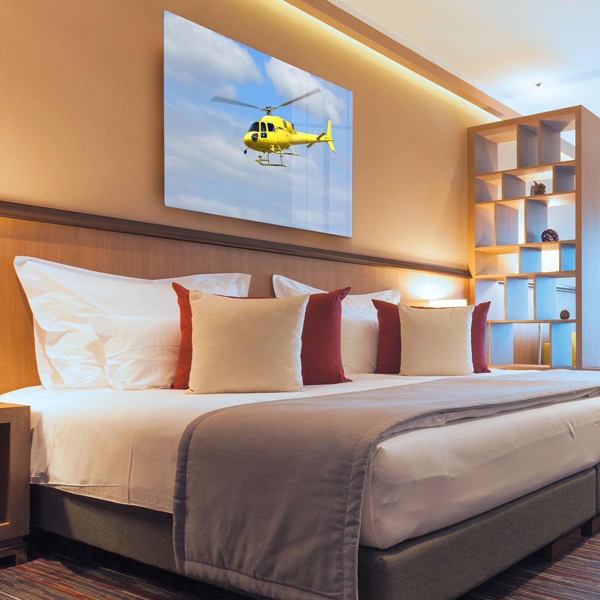Yellow helicopter in the air HD Metal Print