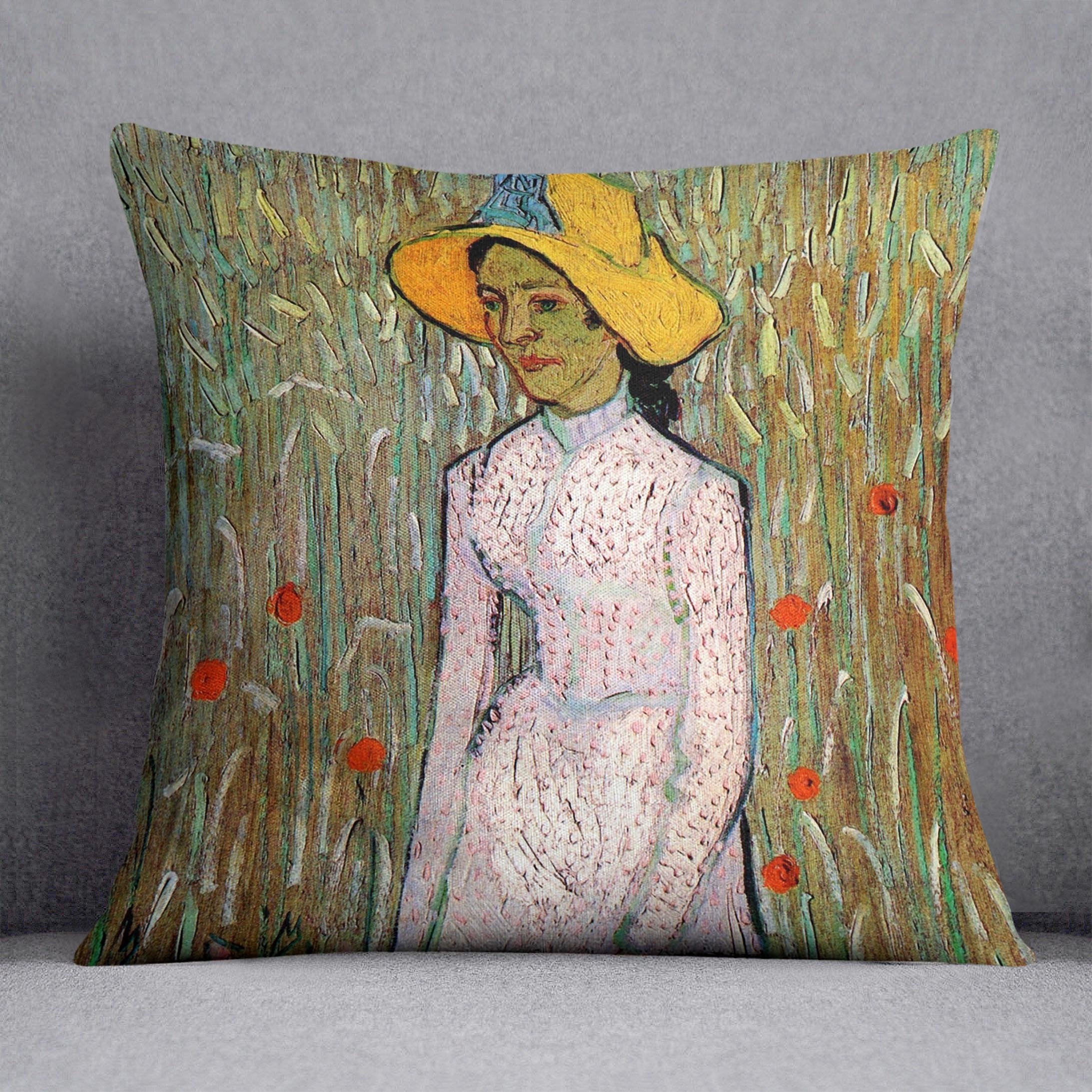 Young Girl Standing Against a Background of Wheat by Van Gogh Throw Pillow