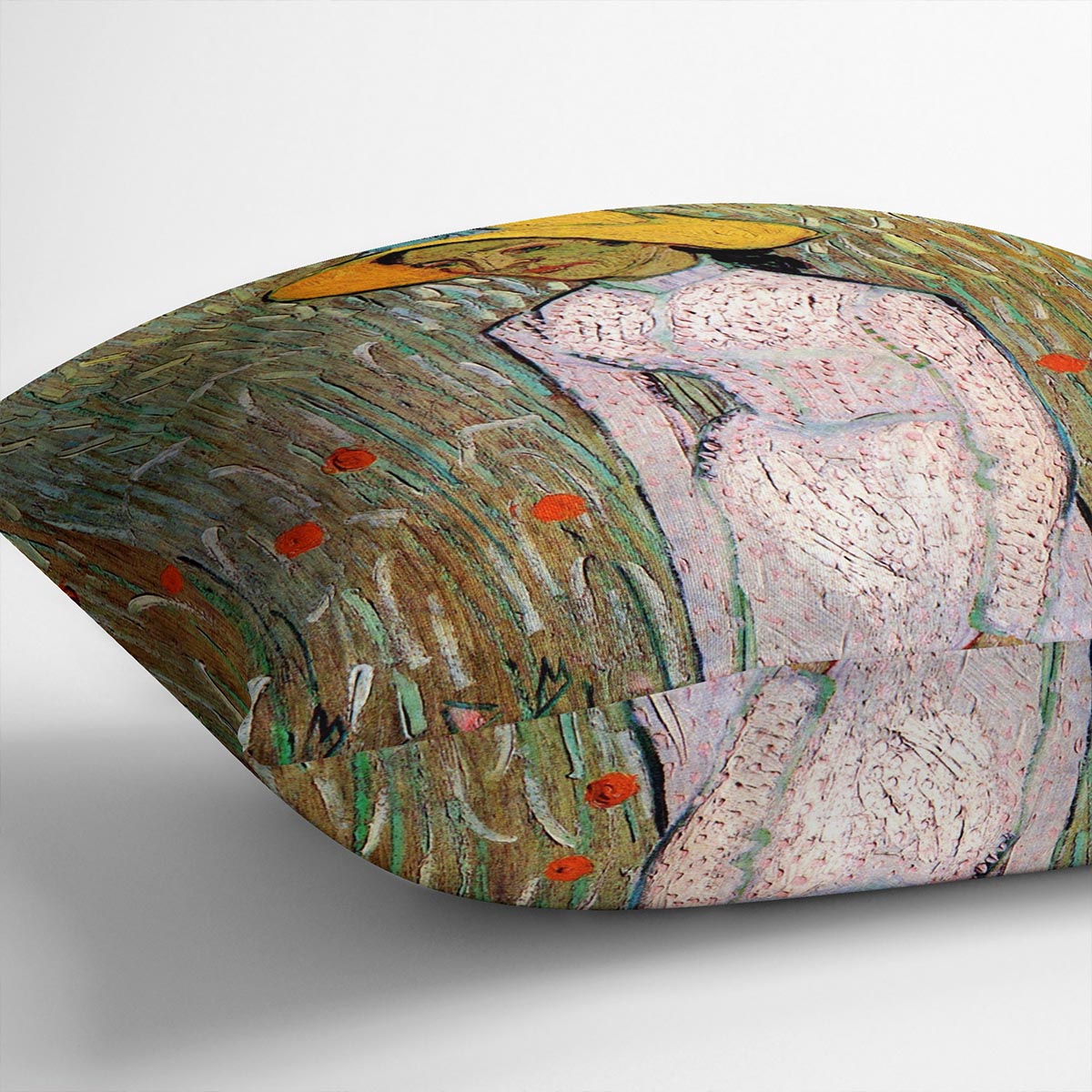Young Girl Standing Against a Background of Wheat by Van Gogh Cushion