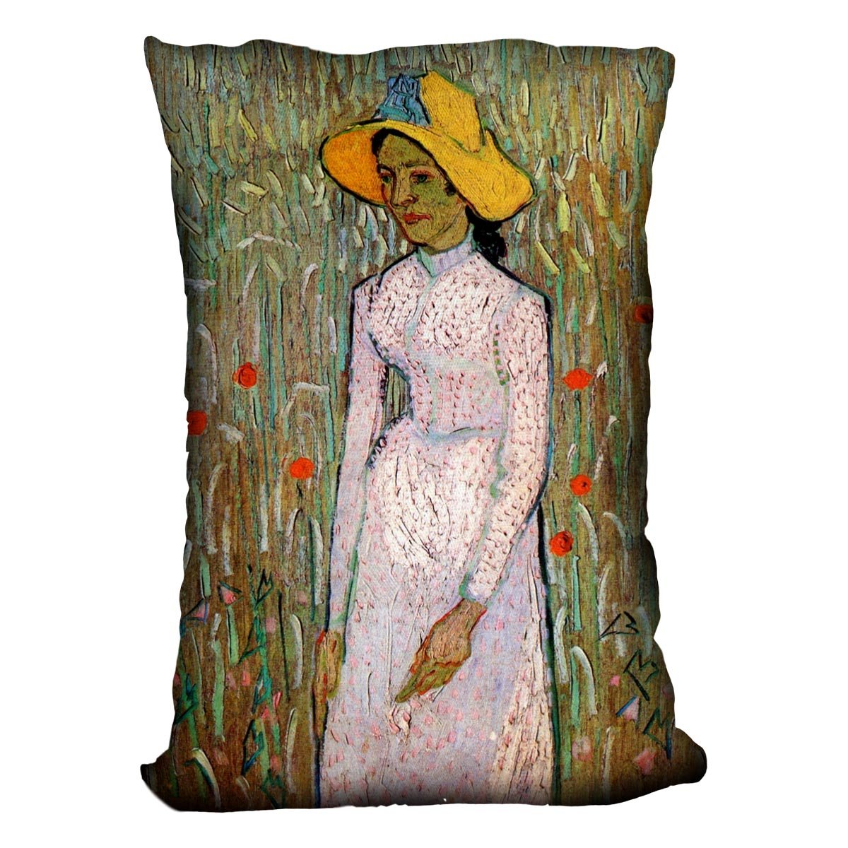 Young Girl Standing Against a Background of Wheat by Van Gogh Throw Pillow