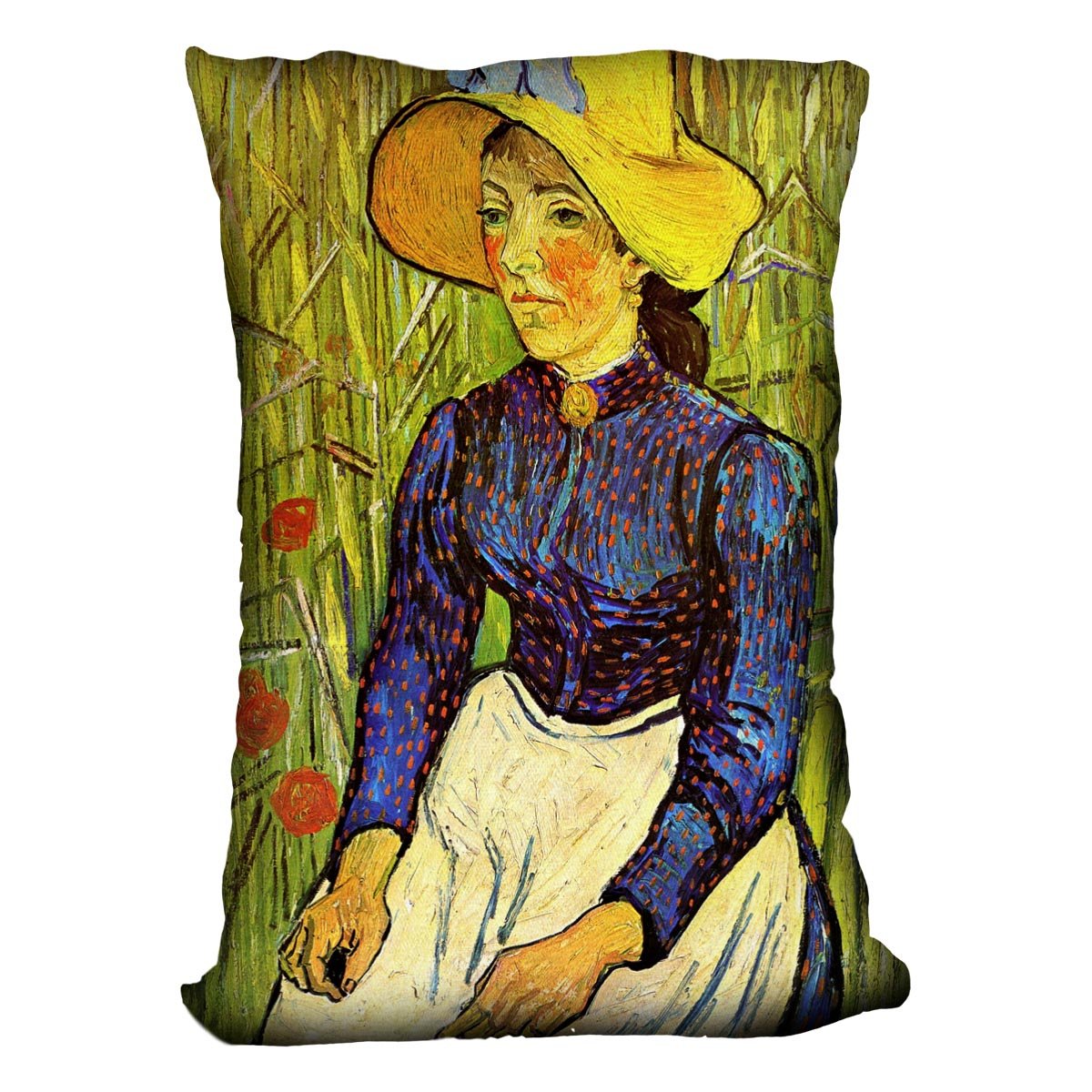 Young Peasant Woman with Straw Hat Sitting in the Wheat by Van Gogh Throw Pillow