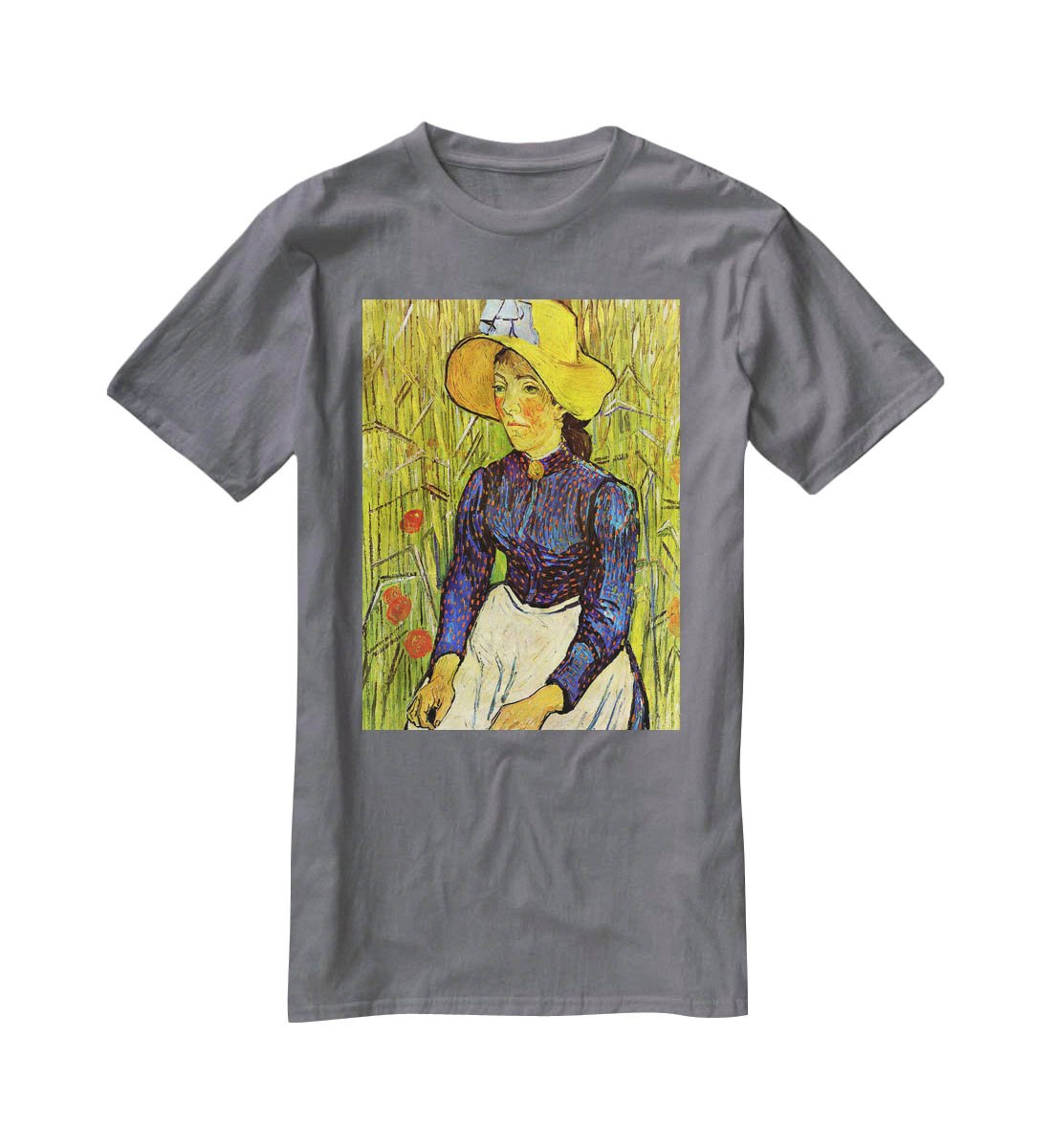 Young Peasant Woman with Straw Hat Sitting in the Wheat by Van Gogh T-Shirt - Canvas Art Rocks - 3