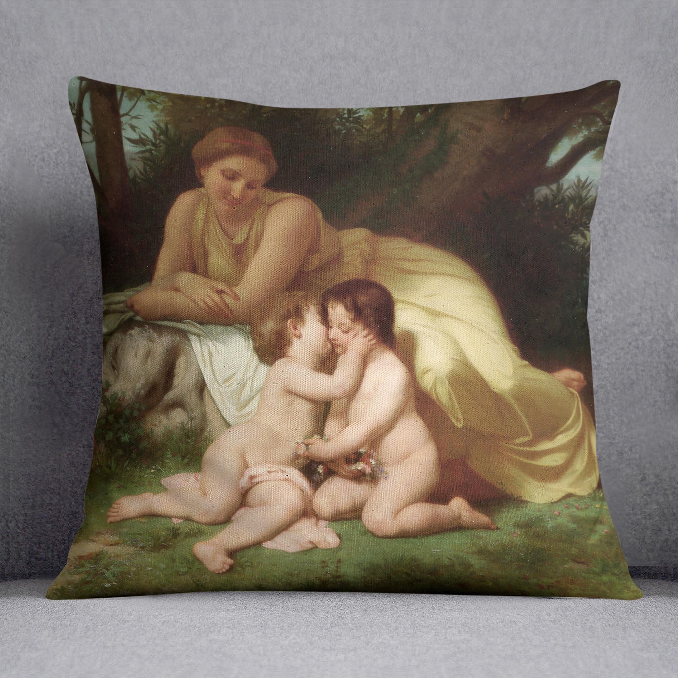 Young Woman Contemplating Two Embracing Children By Bouguereau Throw Pillow