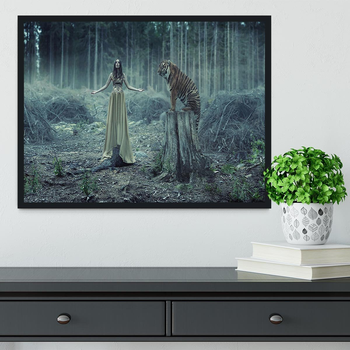 Young girl with a wild tiger Framed Print - Canvas Art Rocks - 2