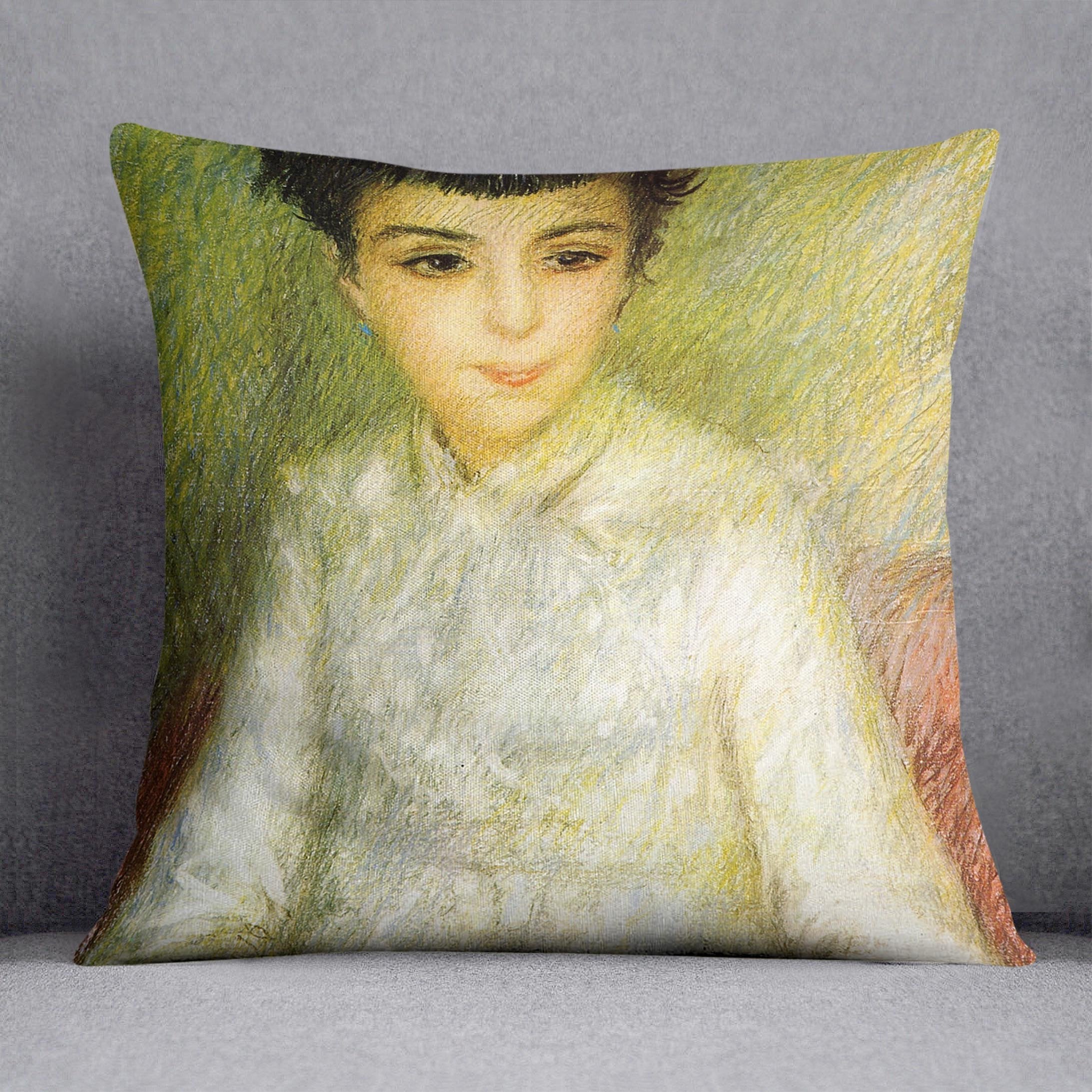 Young girl with brown hair by Renoir Throw Pillow