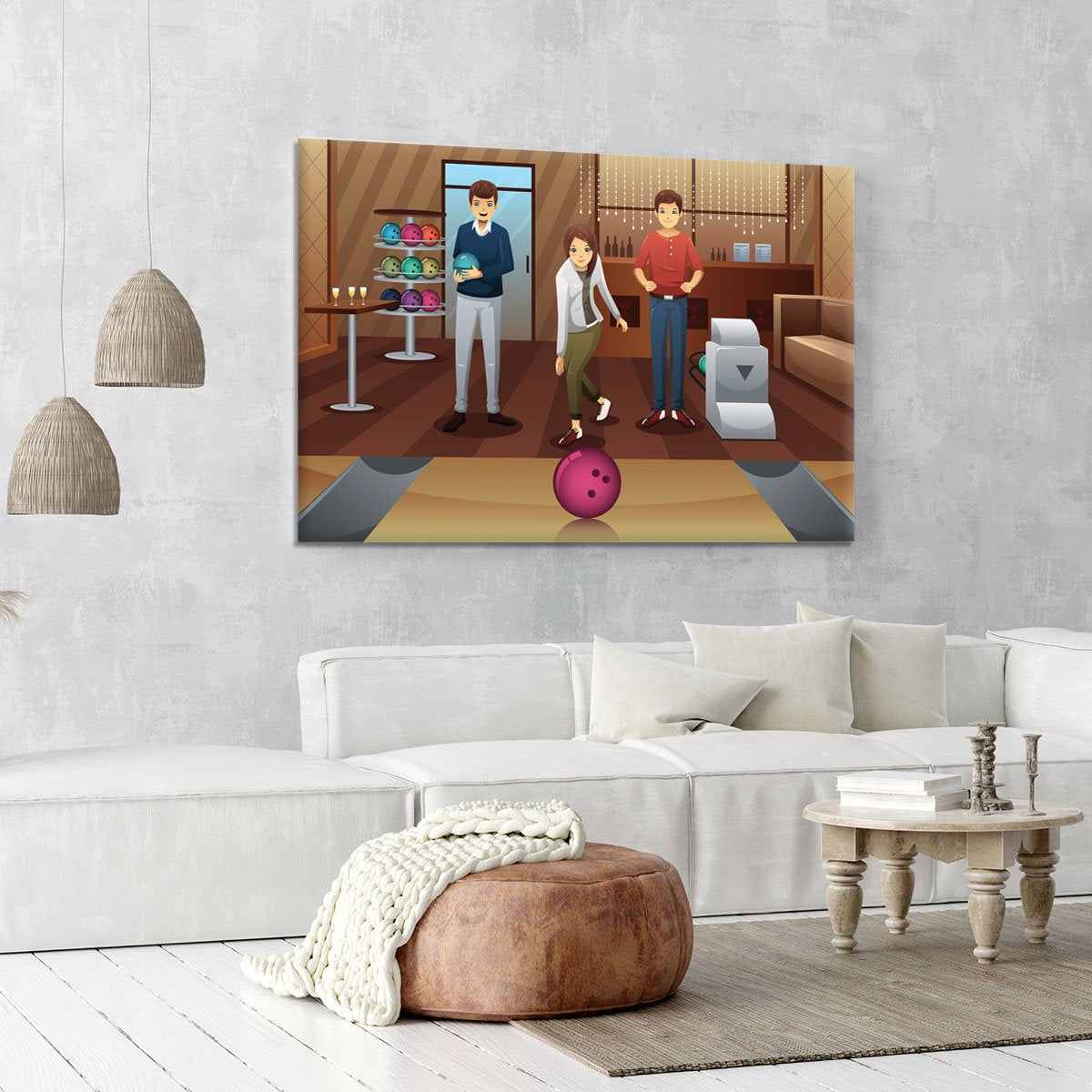 Young people playing bowling together Canvas Print or Poster