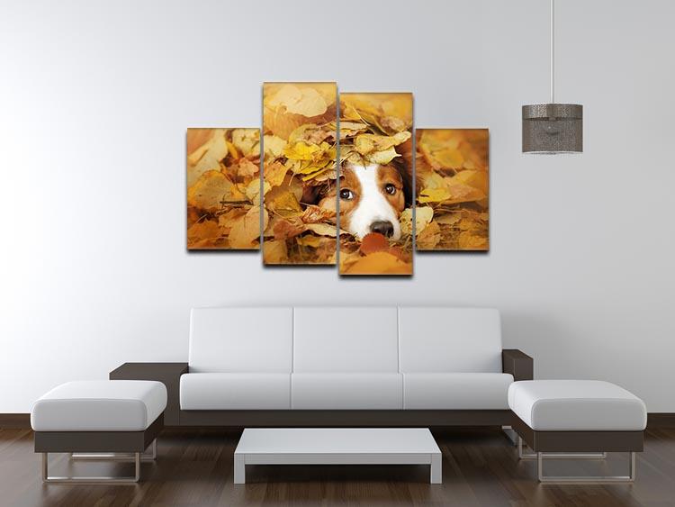 Young red border collie dog playing with leaves 4 Split Panel Canvas - Canvas Art Rocks - 3